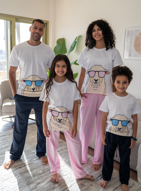 Girls Sheep PJ Set White T-Shirt + Rose Pants
